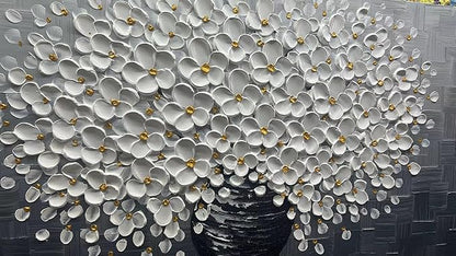 Modern White Floral Wall Art Canvas, 3D Textured Flowers in Black Vase, Hand-Painted Bouquet Painting for Living Room