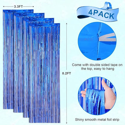 4 Pack Blue Foil Fringe Backdrop Curtains, Tinsel Streamers Birthday Party Decorations, Fringe Backdrop for Graduation, Baby Shower, Gender Reveal, Disco Party