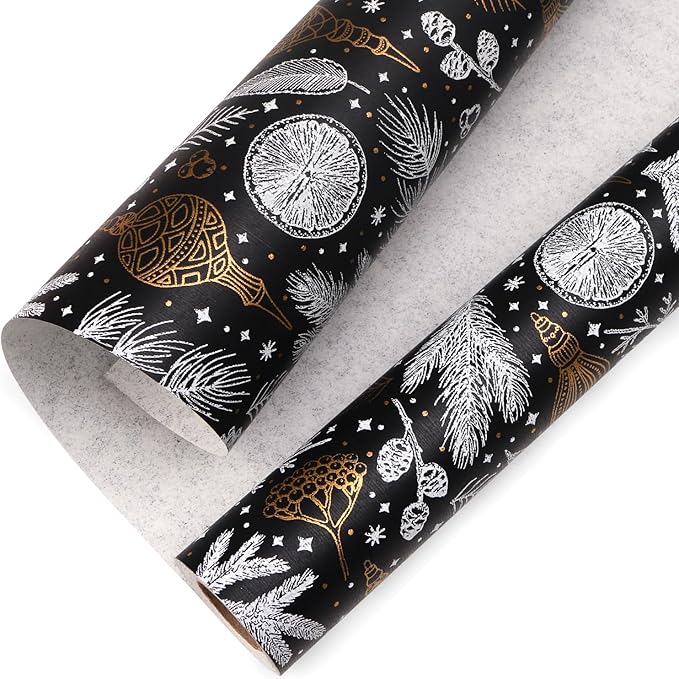 Ribbli Christmas Wrapping Paper Vintage Black with Gold Foil Gift Wrapping Paper Rolls -17 Inch x 33 Feet Per roll