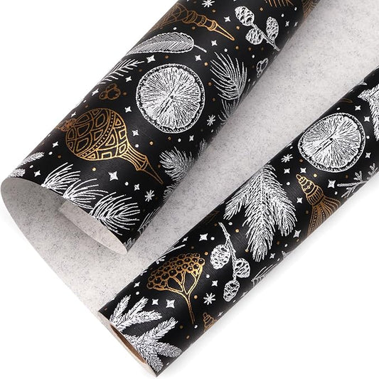 Ribbli Christmas Wrapping Paper Vintage Black with Gold Foil Gift Wrapping Paper Rolls -17 Inch x 33 Feet Per roll