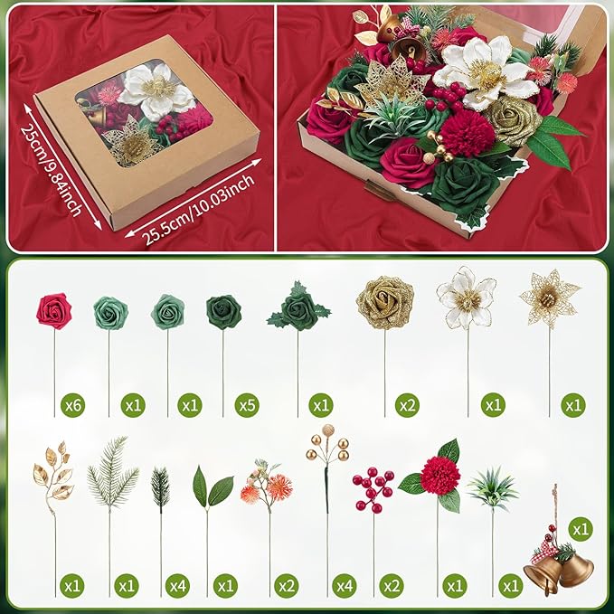 Jspupifip Christmas Artificial Flowers Combo Box Gold, Red, Green Fake Silk Roses Mix Dahlia Poinsettias for DIY Wedding Bridal Shower Boho Cake Decorations Floral Arrangements Centerpieces