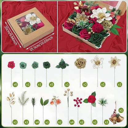 Jspupifip Christmas Artificial Flowers Combo Box Gold, Red, Green Fake Silk Roses Mix Dahlia Poinsettias for DIY Wedding Bridal Shower Boho Cake Decorations Floral Arrangements Centerpieces