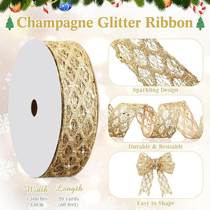 Geosar 20 Yards Gold Glitter Mesh Wired Ribbon for Christmas Tree Decorations, Gift Wrapping, DIY Craft, Xmas Wreaths, Cabinet Decor (1.5 Inch)