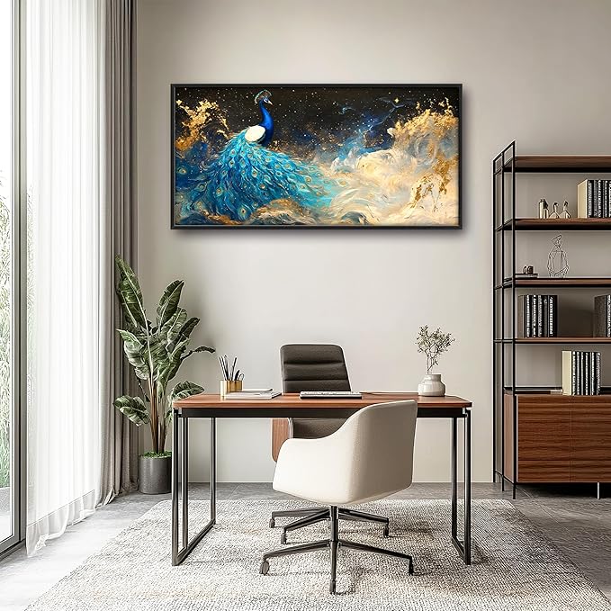 Peacock Large Wall Art Framed Gold Wall Decor for Living Room Mountain Peacock Pictures Oversized Canvas Print Painting Modern Extra Large Framed Artwork for Bedroom Office Home Decor 60"x30"