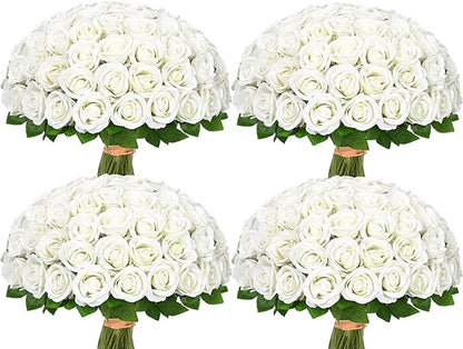 Waipfaru 100 Pcs White Roses Artificial Flowers Bulk, Real Touch Velvet Roses with Wrapping Paper, Fake Flowers for Wedding Centerpieces Bridal Bouquet Valentines Mothers Day Decor