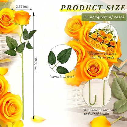 Orange Roses Artificial Flowers 15 PCS, Fake Roses Silk Flowers with Long Stems, Faux Rose for Wedding Centerpieces, Home Decor, Indoor Floral Arrangements, Party Decor, DIY Bouquet (Orange)