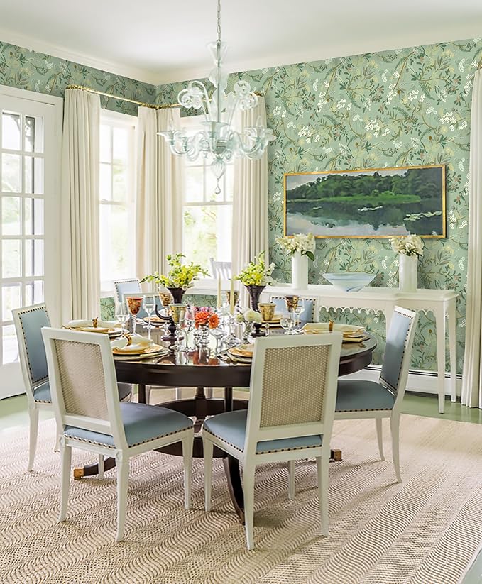 Guvana 16.14"x197" Peel and Stick Wallpaper Floral and Leaf Contact Paper Boho Self Adhesive Wallpaper Flower Contact Paper DIY Removable Wallpapers for Livingroom Wall Decor(Light Green Background)