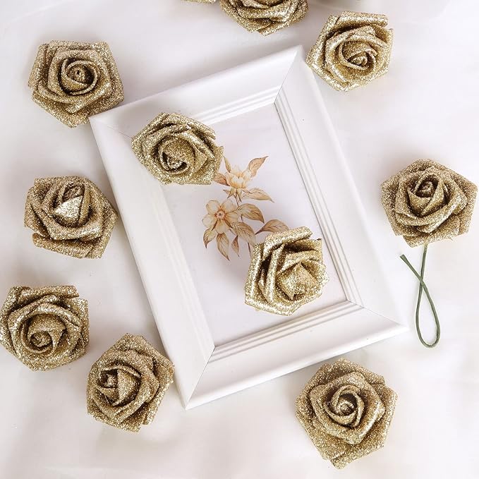 30 PCS Gold Artificial Flowers Glitter Roses Artificial Roses 2.17 in Foam Fake Flowers with Stem for Wedding Home Party DIY Bridal Bouquet Centerpieces Decor(Gold)