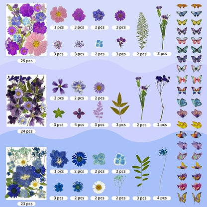 303Pcs Dried Pressed Flowers for Crafts, Dried Pressed Flowers for Resin, Natural Dried Flowers Kit with 80pcs Butterfly Stickers for DIY Resin Molds, Candles, Photo Frames, Jewelry Making, Art Crafts