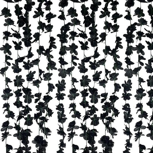 8Pcs 63Ft Black Rose Garland, Fake Rose Hanging Flowers, Artificial Flower Vine, Hanging Floral Vine Garland for Wedding, Birthday Party, Wall Arch, Halloween, Christmas Garden Backdrop Decor