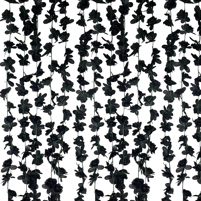 16Pcs 126Ft Black Rose Garland, Fake Rose Hanging Flowers, Artificial Flower Vine, Hanging Floral Vine Garland for Wedding, Birthday Party, Wall Arch, Halloween, Christmas Garden Backdrop Decor