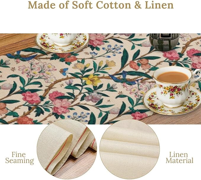 William Morris Vintage Floral Table Runner, Birds Butterflies and Bees Botanical Flower Original Design Print Table Runner for Home Party Dining Room Kitchen Decor 13x120 Inch