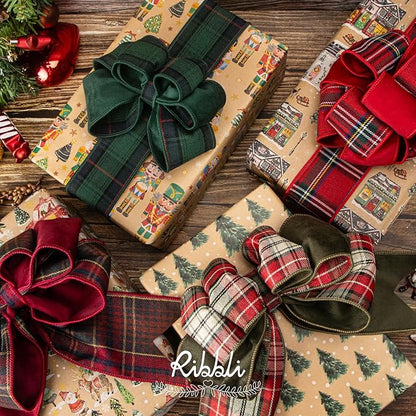 Ribbli Christmas Wrapping Paper 4 Rolls Vintage Kraft Wrapping Paper, 30 Inch x 10 Feet Per Roll, Brown Kraft Paper with Christmas Tree/Santa/Nutcracker/Street Scenes