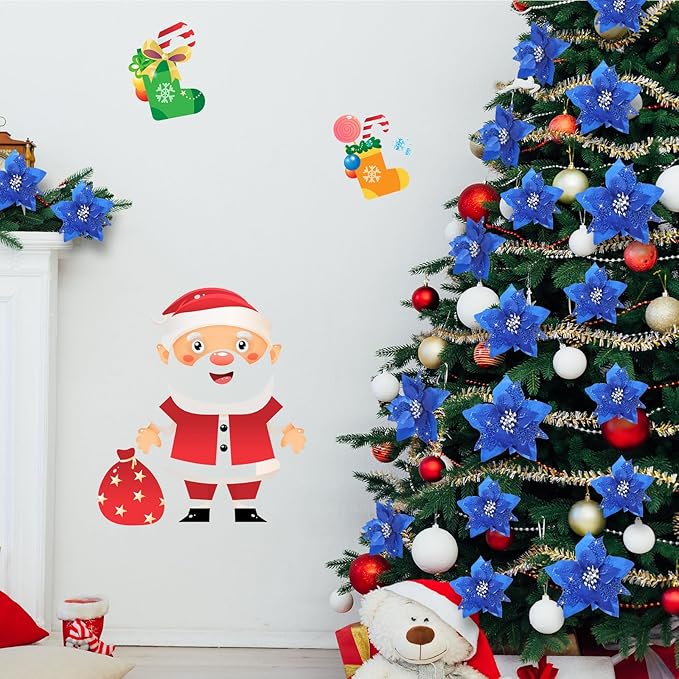 WILLBOND 36 Pieces Christmas Poinsettia Glitter Faux Flowers Christmas Artificial Flowers Tree Ornaments Topper Xmas Decorations(Royal Blue)
