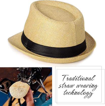 FADACHY Summer Straw Fedora Hat Short Brim Panama Sun Hat Trilby Beach Hat for Men & Women