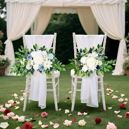 Artificial Wedding Arch Flowers (Pack of 2), White Wedding Flowers for Wedding Welcome Ceremony Sign, Faux Floral Swags, Banquet and Reception Backdrop Floral Decoration (White & Blue)