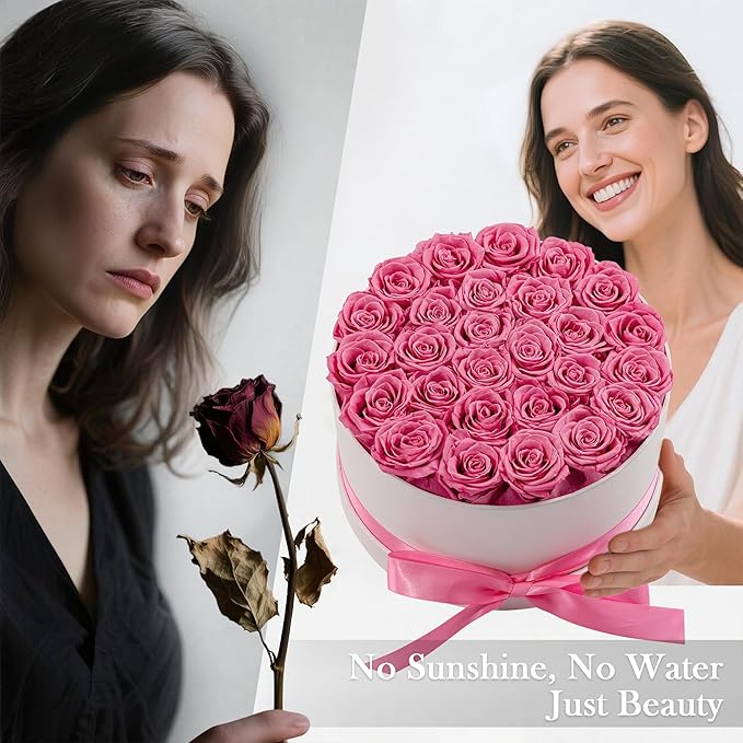 27 Forever Roses in Luxury White Box, Eternal Real Roses Gift for Women, Preserved Flowers for Delivery Prime, Anniversary, Valentine's Day, Birthday for Her (Pink)