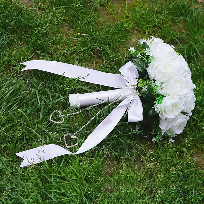 Wedding Bouquets for Bride, White Bridal Bridesmaid Wedding Flowers with Silk Ribbon and Rhinestones, Artificial Toss Rose for Civil Ceremony