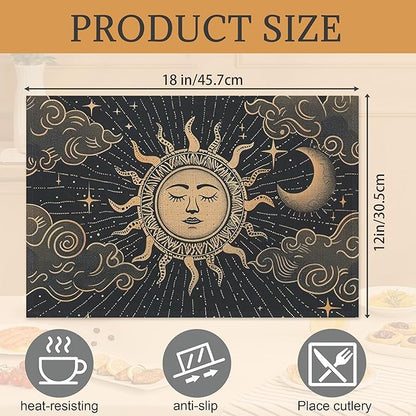 Moon Sun Zodic Placemats Set of 6,Washable Heat Resistant 12×18 Inch Linen Table Mats Witch Place Mats for Party Outdoor Dining Décor
