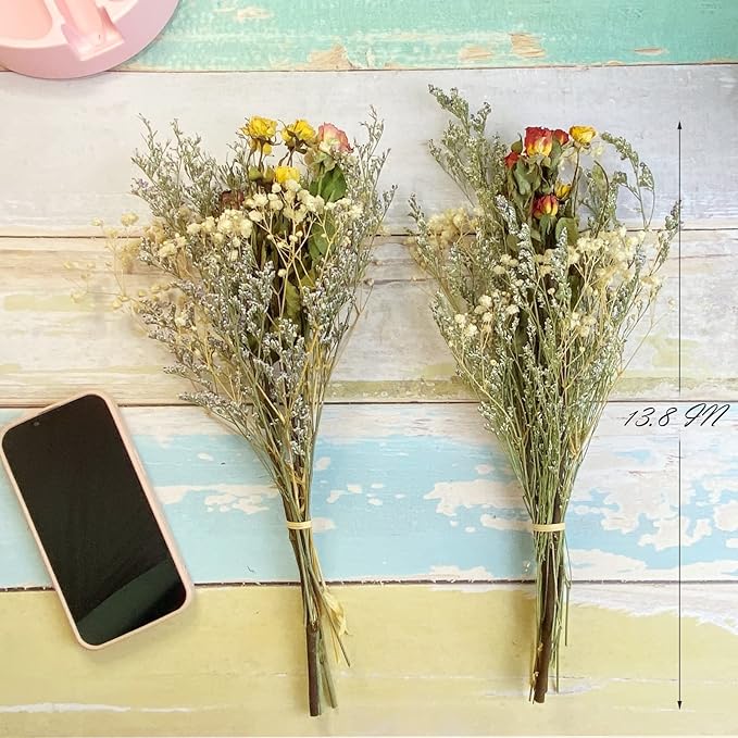 L'BREVOGA Dried Flower Spray Rose Bouquets, 2 Bunches 100% Natural Flowers, Miniature Roses with Baby’s Breath for Decoration Home Party (Spray Rose)