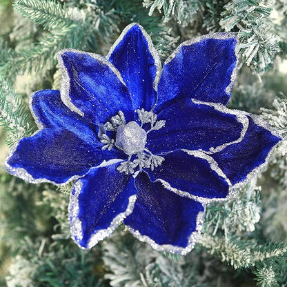 8 Pcs Large Christmas Flower Magnolia Flowers Christmas Tree Decoration Artificial Poinsettia Stems Velvet Xmas Ornaments for Xmas Tree Table Decor(Blue,12 Inch)