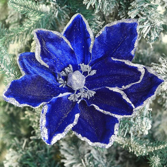 8 Pcs Large Christmas Flower Magnolia Flowers Christmas Tree Decoration Artificial Poinsettia Stems Velvet Xmas Ornaments for Xmas Tree Table Decor(Blue,12 Inch)