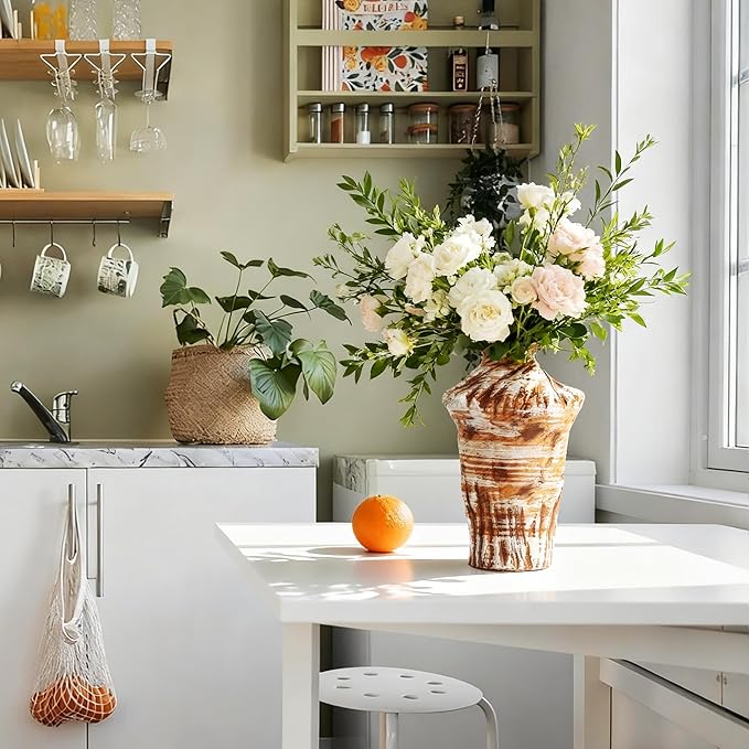 Ceramic Flower Vase Home Decor - 10" Large Rustic Farmhouse Vases Home Decor Tall Pottery Decorative Pampas Vase for Table Living Room Entryway Mantel Bookshelf Bedroom Bathroom Kitchen