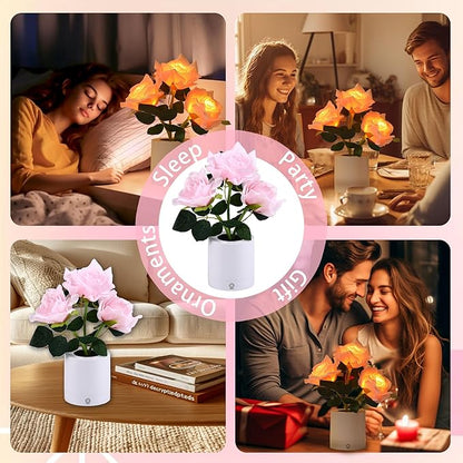 WSYEAR Pink Rose Flower Lamp, Christmas Day LED Artificial Flowers Gifts for Her Wife Girlfriend Small Table Lamp Night Light, Cordless Touch Lamp