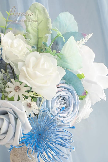 Floroom Dusty Blue Powder Blue Artificial Flowers Fake Roses Dahlias and Greenery Combo Box Set for DIY Wedding Bouquets Bridal Shower Centerpieces Floral Arrangements Party Tables Home Decorations