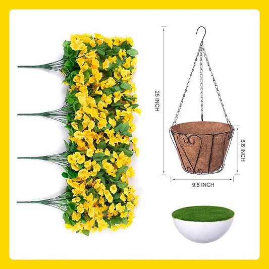 Artificial Faux Hanging Flowers Basket for Spring Summer Outdoor Porch Decor, Fake Silk Colorful Morning Glory Eucalyptus in Planter UV Resistant Look Real for Home Balcony Yard(Yellow)