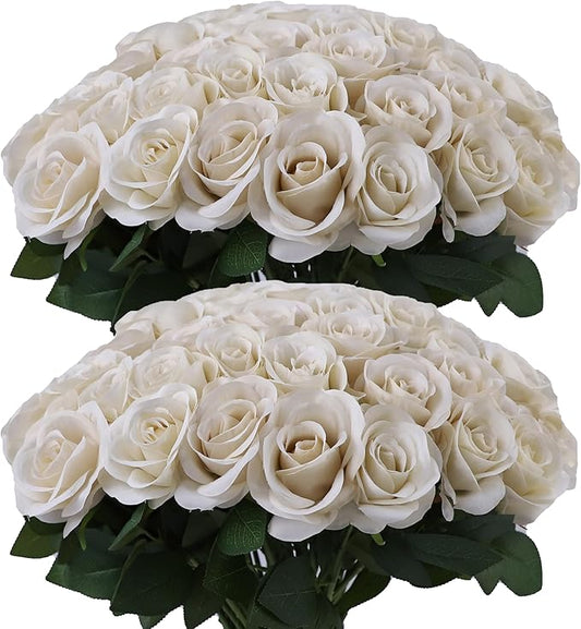 50pcs Beige Roses Artificial Flowers Beige Silk Roses with Long Stems Fake Flowers for Wedding Bouquet Centerpices Decorations Party Bridal Baby Shower Home Decor