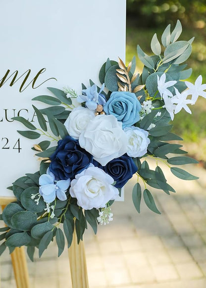 Artificial Dusty Blue Wedding Arch Flower Swags Set of 2 for Welcome Signs Floral and Wedding Reception Ceremony Decorations, White Flowers Decor