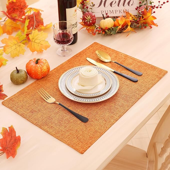 Homaxy Cloths Placemats for Dining Table Set of 4, Heat Resistant Washable Cotton Linen Blend Table Mats, Ideal for Kitchen Party Dining Decoration, 13" x 19", Orange