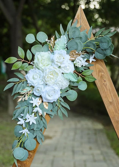 Artificial White Wedding Arch Flower Swags Set of 2 for Welcome Signs, Reception and Ceremony Decorations - Gold Floral Decor