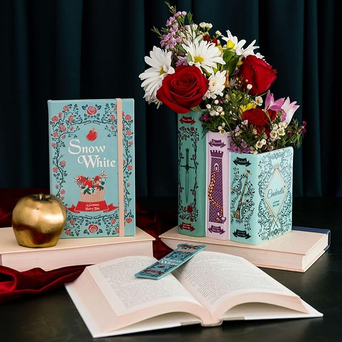 Steel Mill & Co Original Triple Book-Shaped Decorative Vase, Tiered Ceramic Bookshelf Decor, Unique Flower Holder for Book Lovers, Grimm's Fairy Tales