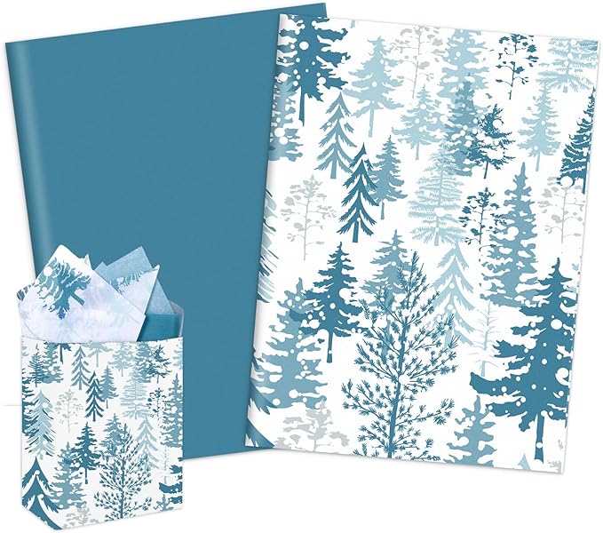 Whaline 100 Sheets Christmas Tissue Paper Blue Xmas Tree Gift Wrapping Paper Decorative Art Paper for Winter Home Party DIY Crafts Supplies, 14 x 20 Inch