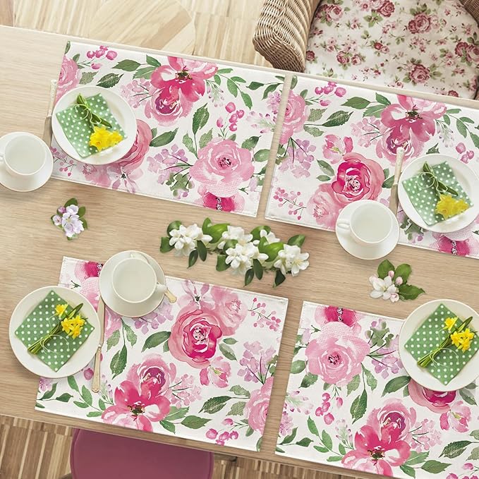 Seliem Spring Summer Watercolor Flower Placemats Set of 4, Pink Peony Floral Dining Table Place Mats, Seasonal Kitchen Decor Home Decoration 12 x 18 Inch