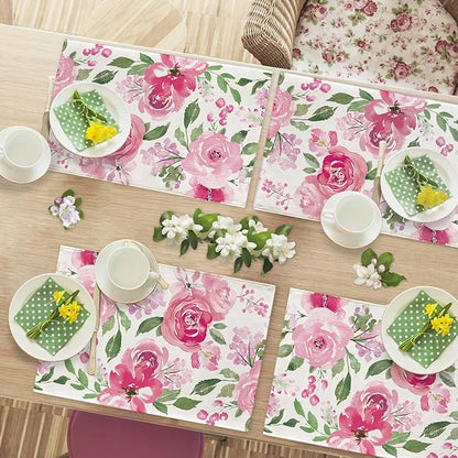 Seliem Spring Summer Watercolor Flower Placemats Set of 4, Pink Peony Floral Dining Table Place Mats, Seasonal Kitchen Decor Home Decoration 12 x 18 Inch