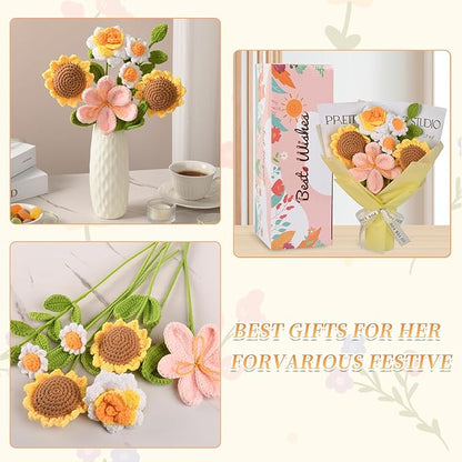 Crochet Flower Bouquet, Crochet Flowers for Graduation Gift, Handmade Sunflowers Tulips Roses 7Pcs, Wedding Bouquet, Home Decor, Anniversary, Birthday Gift for Women Wife Lover Friends (Sunflower)