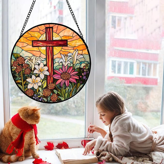 Christian Gifts for Women - Cross Stained Glass Window Hanging Easter Flower Sunset Landscape Sun Catcher Garden Religion Decor Mother's Day Catholic Gift for Men Grandma Mom Her Nana 7.8"