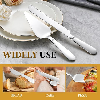 Cake Cutting Set for Wedding - Extended Cake Knife and Server Set Thickened Stainless Steel 13.0" Cake Cutter 10.49" Pie Spatula Great for Birthday Anniversary Christmas Gift 2 Pcs Silver