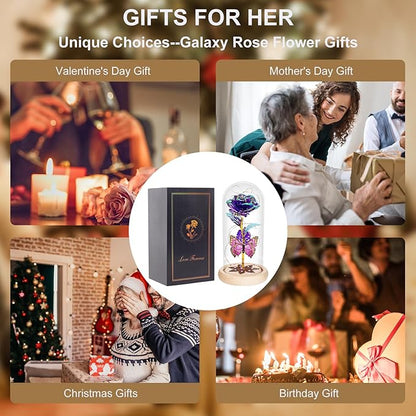 Beferr Christmas Rose Gifts for Women Mom Birthday Gifts, Galaxy Glass Rose Forever Preserved Flowers for Delivery Prime Light Up Rose in Glass Dome with Butterfly Xmas Gifts for Grandma Her Wife