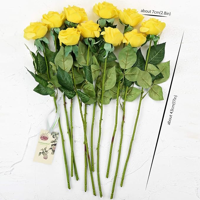 FiveSeasonStuff Fake Roses Wedding Flowers Real Touch Silk Yellow Artificial Flowers 12 Stems