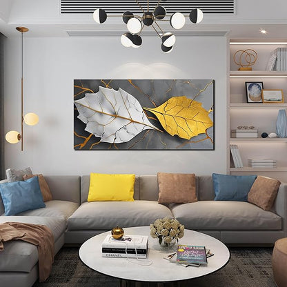 Large Canvas Wall Art for Living Room Bedroom Office Gold and White Leaves Picture Modern Canvas Prints Grey Abstract Framed Wall Decor Size 24x48