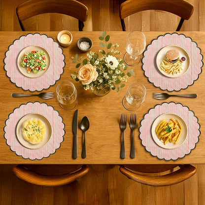 Ridhi Valentine Love Gift Round Pink Stripe Place Mat Double Layer Floral Cotton Washable Placemats 15" Embroidery Block Print Table Mat Pack of 4-15 Inch Heart