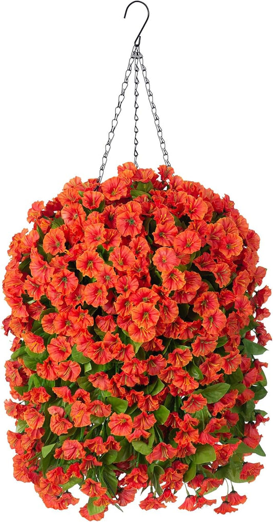 Artificial Faux Hanging Flowers Basket for Fall Outdoor Porch Decor, Fake Silk Colorful Morning Glory Eucalyptus in Planter UV Resistant Look Real for Home Balcony Yard(Orange)
