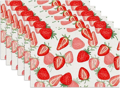 Watercolor Strawberry Placemats Set of 6, Linen Place Mat Washable Stain Resistant Table Mats for Farmhouse Kitchen Dining Holiday Party Wedding Decor 12x18 Inch