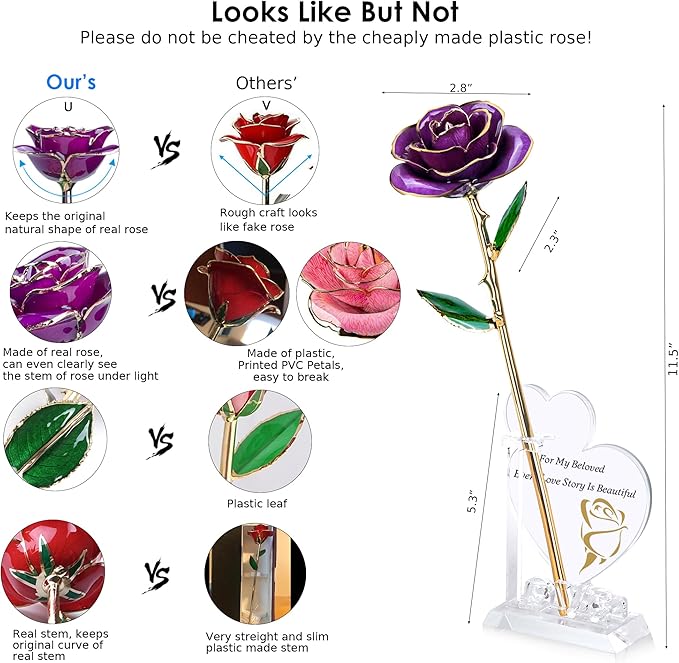 Sinvitron Gold Dipped Infinity Rose Forever Flower Decor, Resin Preserved Real Rose Birthday Gift for Women, Anniversary Present for Mom (Purple)