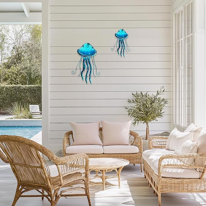 LIFFY Metal Jellyfish Wall Decor Beach Ocean Nautical Tropical Fish Wall Art Home Hanging Decor Glass Metal Fish Wall Decor for Pool, Beach, Patio, Garden,Home(15inch, 10inch)