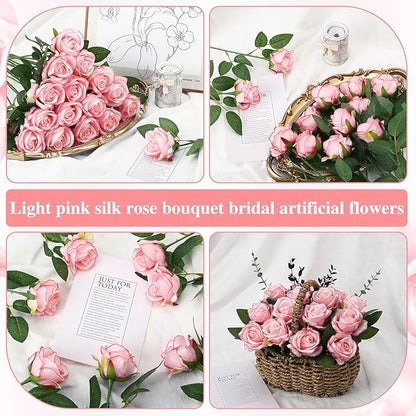 150 Pcs Roses Artificial Flowers, Silk Light Pink Artificial Flowers Petals Long Stem Roses for Wedding Bouquet Home Party Decor